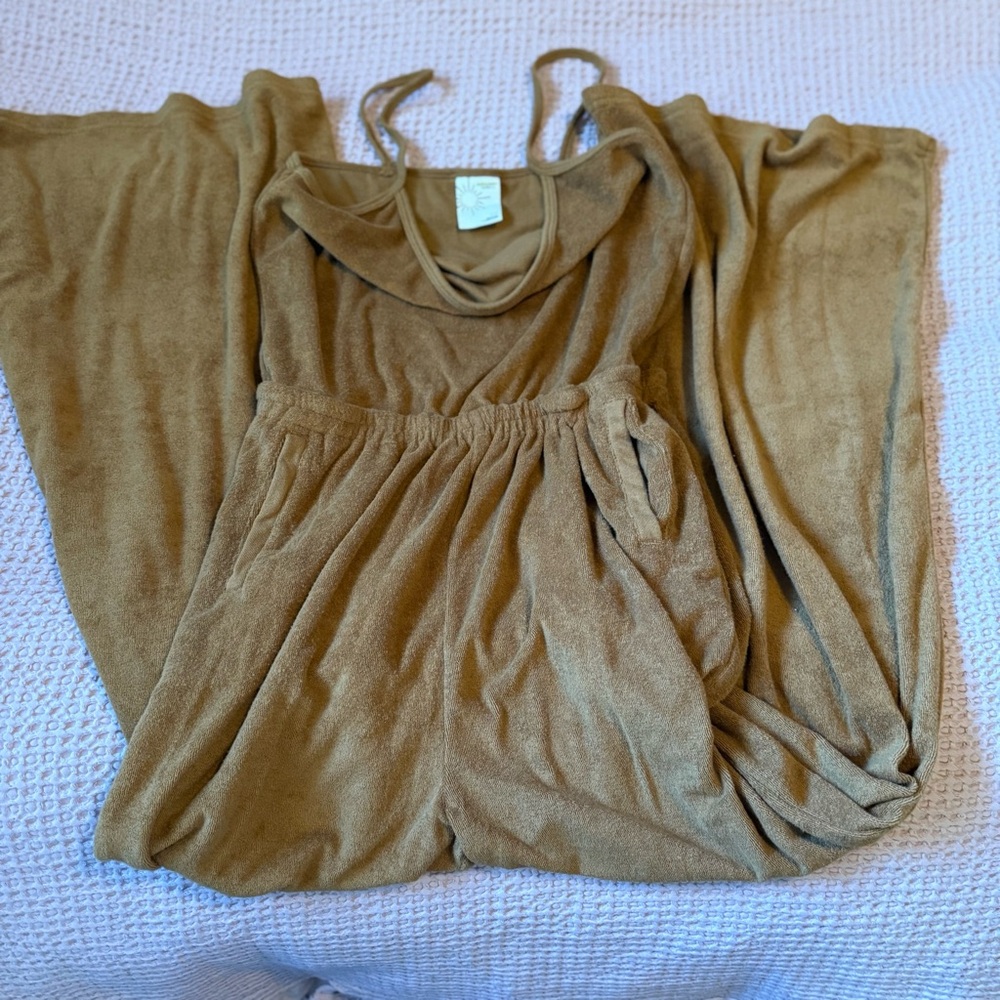 Aerie OFFLINE Terrycloth Wide Leg Jumpsuit in Golden Brown, Size S - Picture 10 of 15